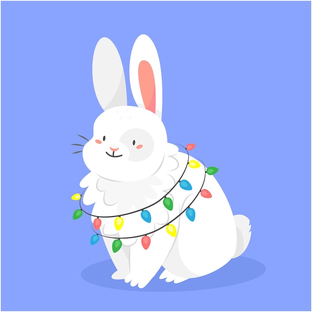 Вектор Милый белый кролик с гирляндой в мультяшном стиле на фоне рождественской иллюстрации 2023