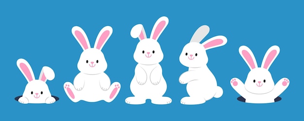 Vector cute white rabbits easter bunny cartoon character set isolated on background vector illustration