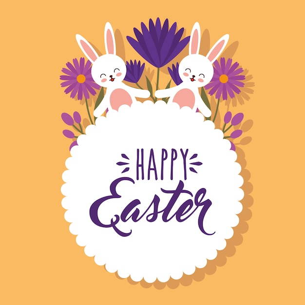 Cute white rabbits holding hand flowers happy easter label