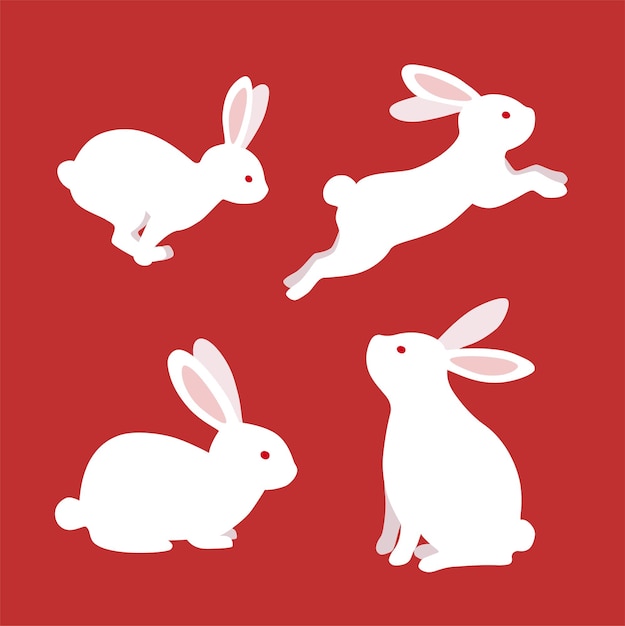 Vector cute white rabbits in various poses. rabbit animal icon isolated