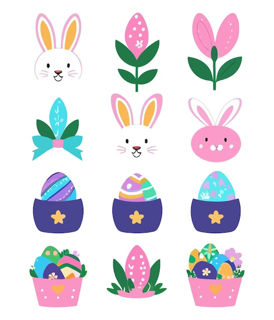 Cute white rabbits in various poses with white background Colorful Easter eggs vector illustration