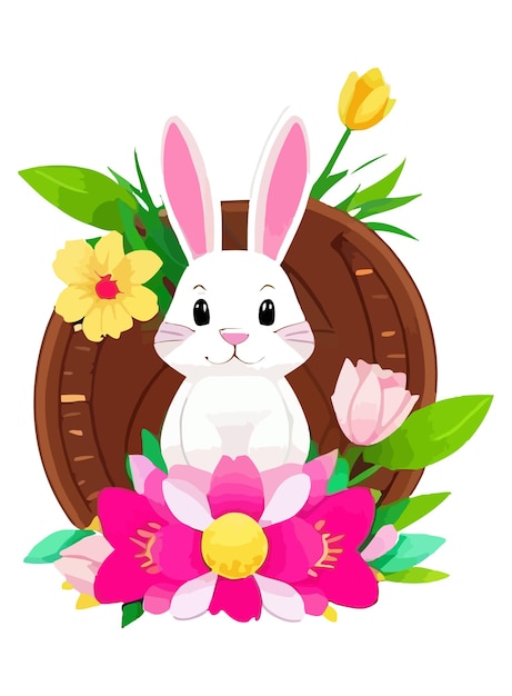 Cute white rabbits in various poses with white background Colorful Easter eggs vector illustration