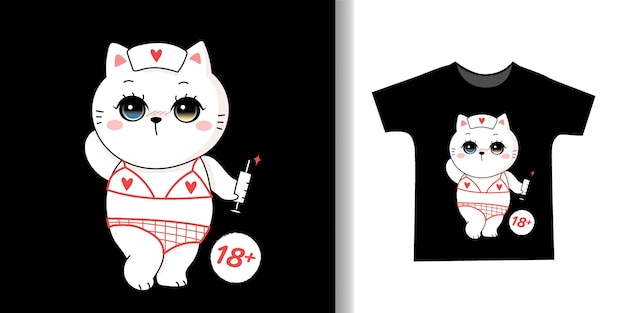 ベクトル tシャツのデザインのための看護師の衣装でかわいい白いセクシーな猫の漫画