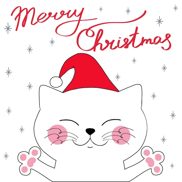 Cute white smiling cat in holiday hat with hand drawn phrase Merry Christmas and snowflakes
