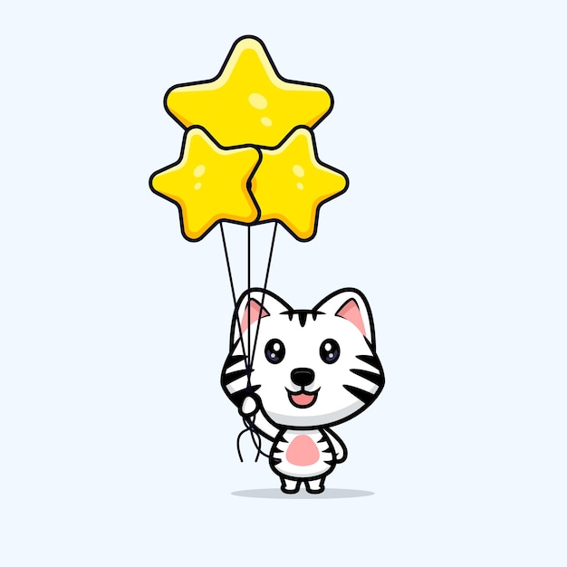 Cute white tiger floating with star balloon cartoon mascot