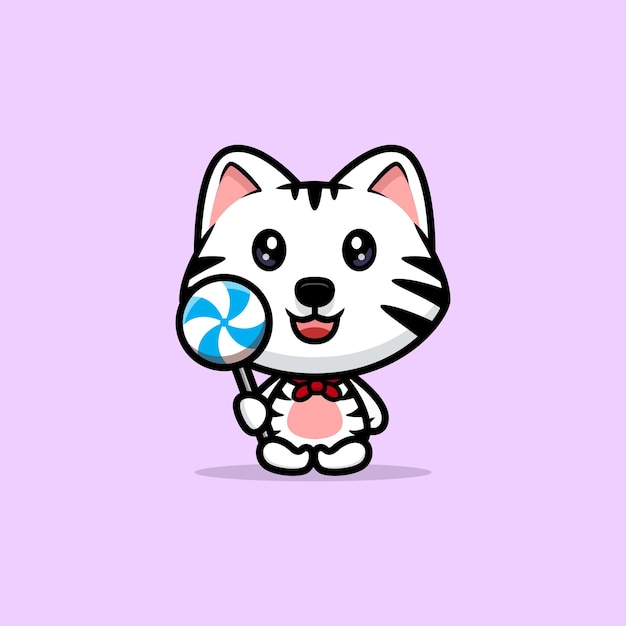 Cute white tiger holding lollipop cartoon mascot