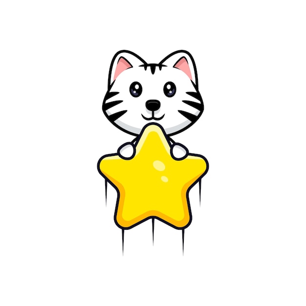 Cute white tiger holding star cartoon mascot