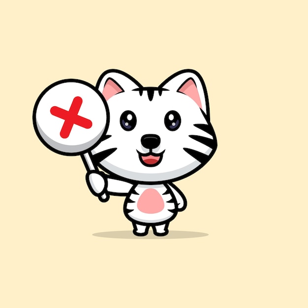 Cute white tiger holding wrong sign or cross sign cartoon mascot