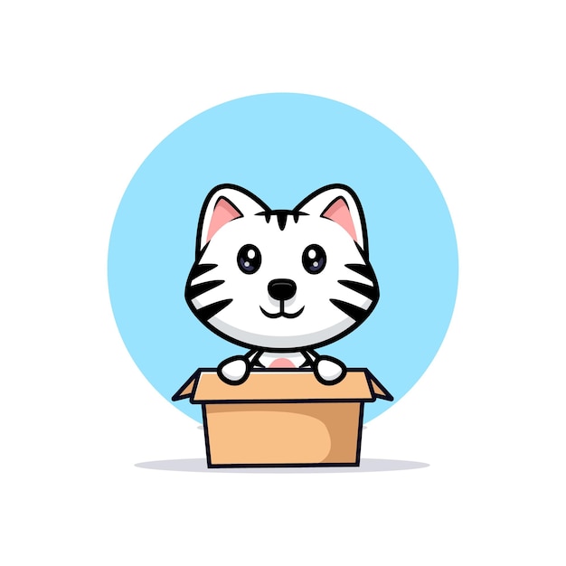 Cute white tiger inside box cartoon mascot