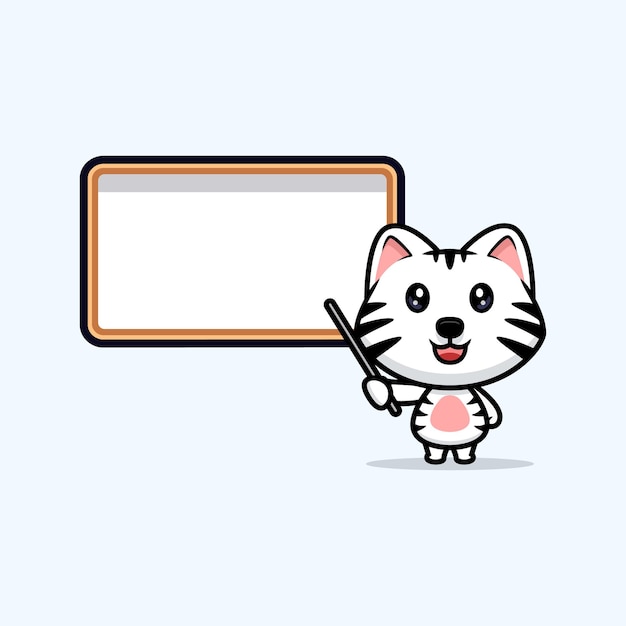 Cute white tiger with blank whiteboard cartoon mascot