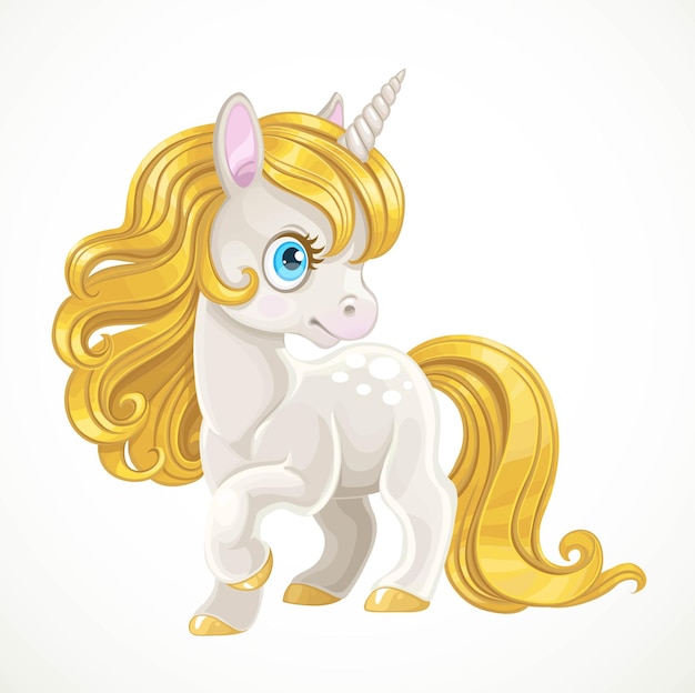 Cute white unicorn with a golden mane isolated on white background