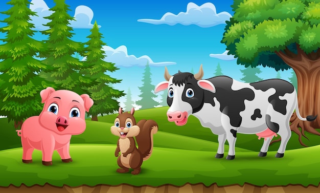 Vector cute wild animals cartoon in the jungle