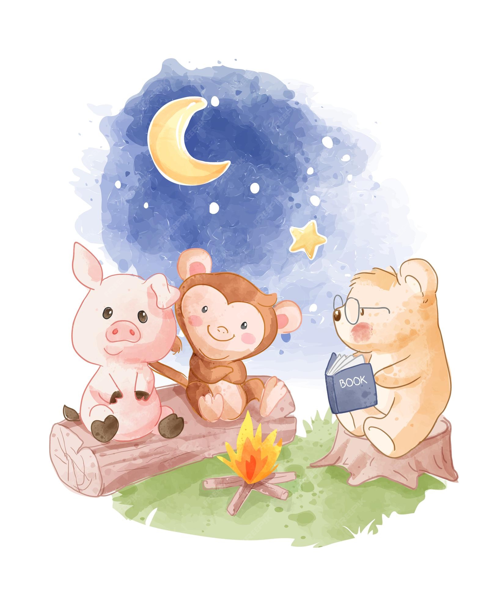 Premium Vector | Cute wild animals cartoon reading story around campfire illustration Premium Vector | Cute wild animals cartoon reading story around campfire illustration