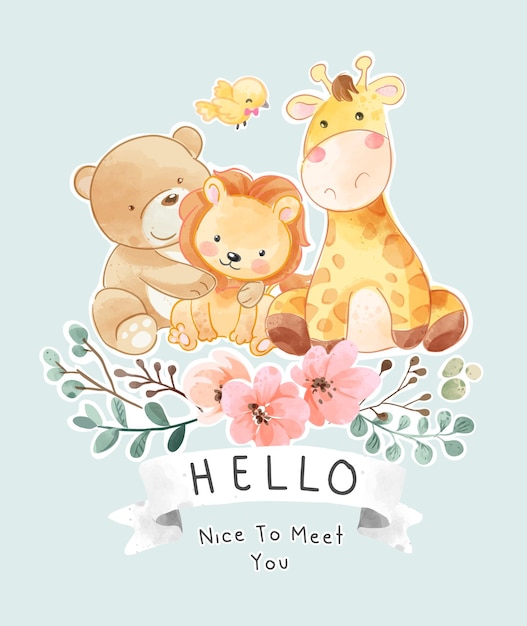 Vector cute wild animals friends with hello ribbon sign and flowers wreath