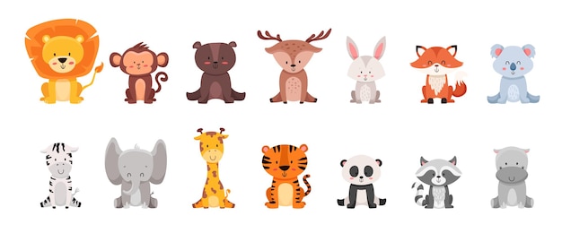 Vector cute wild animals set including lion tiger hippo bear fox zebra giraffe and elephant etc
