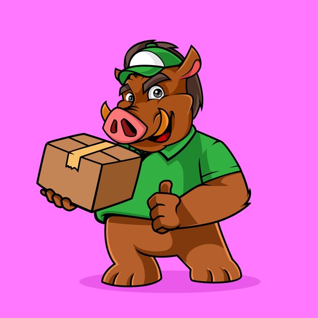 Cute wild boar delivery package mascot vector illustration