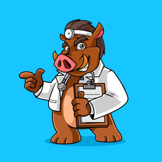 Vector cute wild boar doctor mascot vector illustration