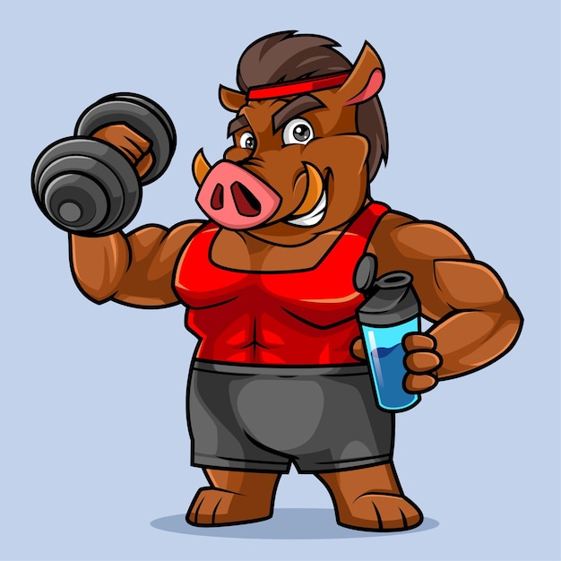 Cute wild boar fitness mascot vector illustration