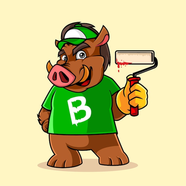 Cute wild boar painter mascot vector illustration