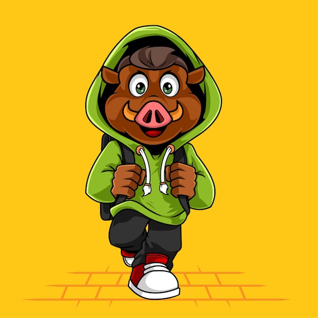 Cute wild boar walking vector mascot illustration