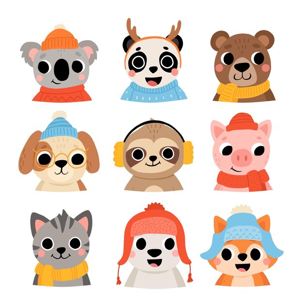 Cute wild and domestic animals set in winter clothes including brown bear polar bear panda koala sloth cat dog pig fox Cartoon kids illustration with hats and sweaters