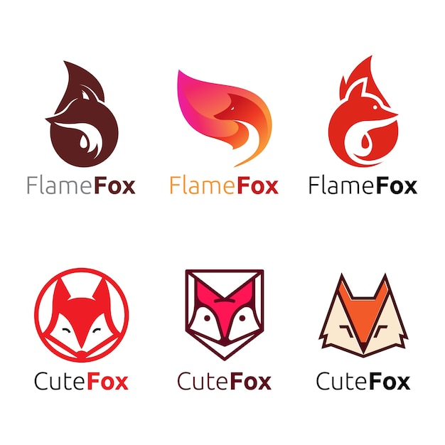 Vector cute wild flame fox head logo set