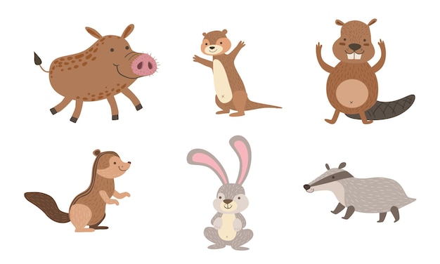 Vector cute wild forest animals set gopher wild boar beaver hare chipmunk badger vector illustration