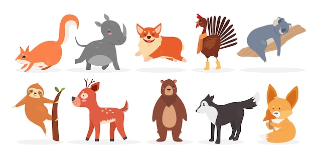 Cute wild furry animal farm bird and pet set rhino squirrel dog rooster deer bear fox