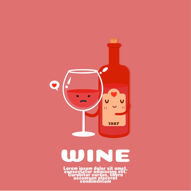 Cute wine cartoon vector. kawaii food concept.