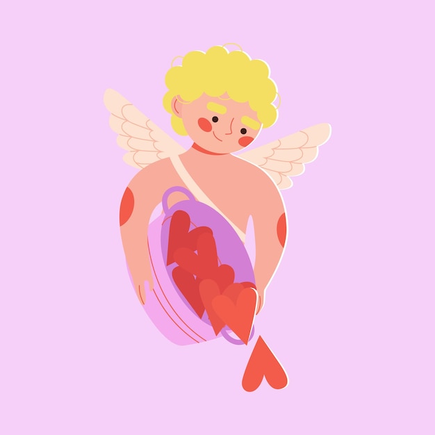 Cute winged cupid holding basket with valentines Saint Valentines day. February 14. Romantic amur