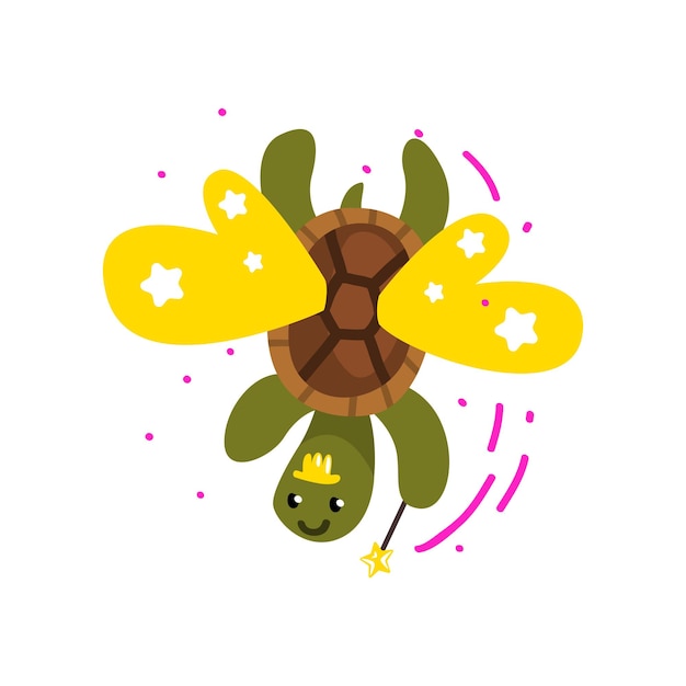 Cute winged turtle with a magic wand fantasy fairy tale animal cartoon character vector illustration