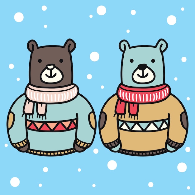 Cute winter animal couple cartoon illustration