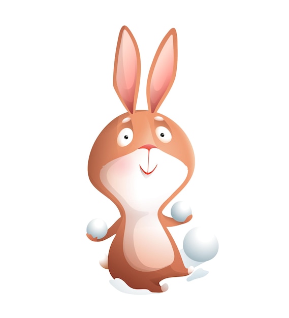 cute winter bunny or rabbit playing snowballs, sitting in snow. isolated rabbit playing winter game, character design. watercolor style illustrated animals clipart.