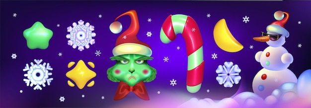 Vector cute winter cartoon snowman green monster candy cane snowflakes stars vector eps 10