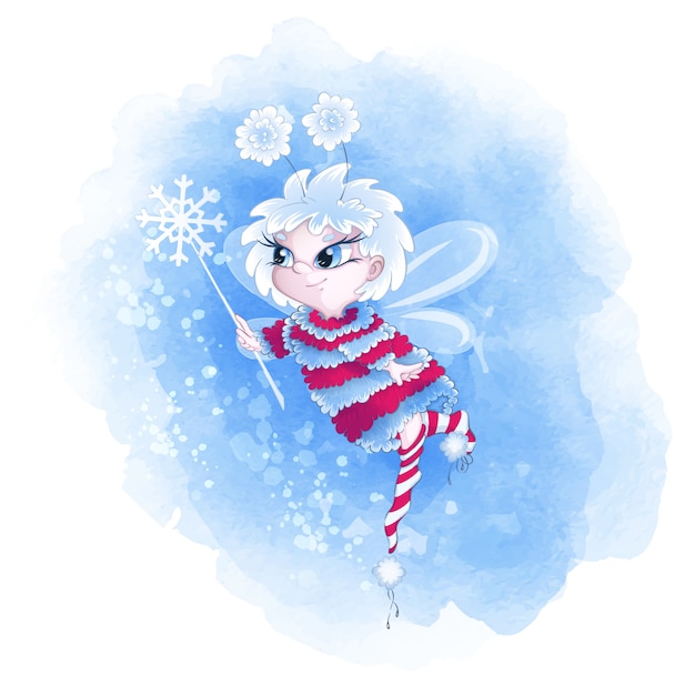 Cute winter fairy in a warm sweater and striped socks.
