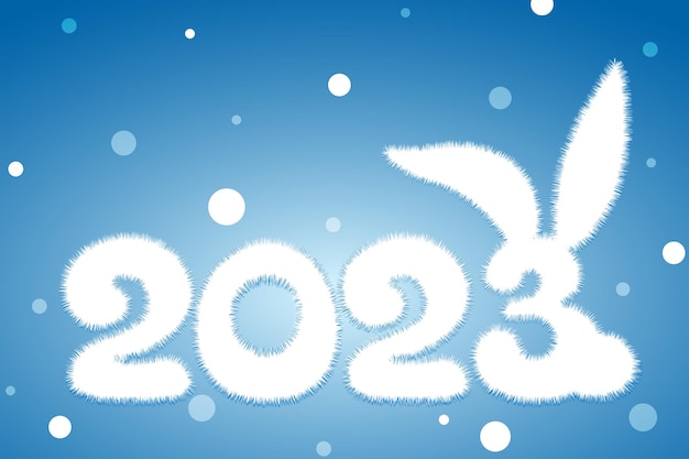 Cute winter fluffy white cartoon 2023 new year number with Rabbit tail and ears. Chinese new year.