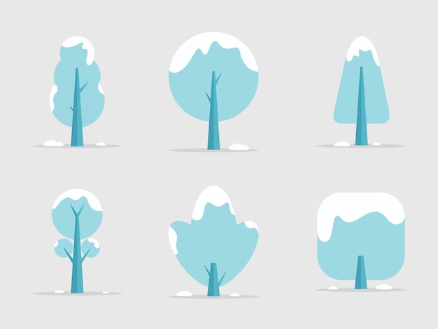 Vector cute winter forest blue hand drawn trees set elements