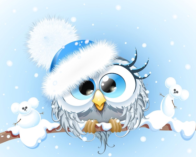 Вектор Милая зимняя девушка мультфильм сова в зимней синей шапке сидит под снегопадом с забавным мышонком снеговиком