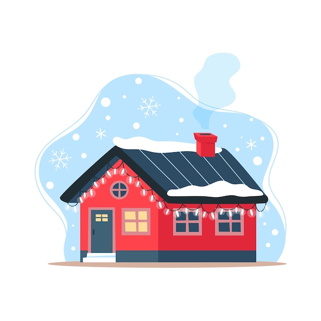 Cute winter house with festive garlands, Christmas decor for house facade