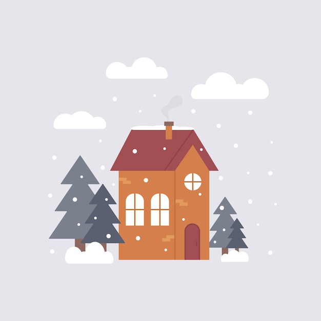 Cute winter illustration of house with Christmas trees and snow flat style Perfect for greeting card