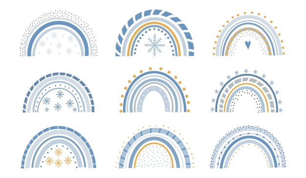 Vector cute winter magic rainbows with snowflakes on a white background sweet childlike drawing of an abstract scandinavian colorful arch childrens flat vector illustration in doodle style