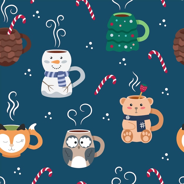 Vector cute winter mugs with hot drinks in the shape of snowman fox christmas tree pine cone bear toy