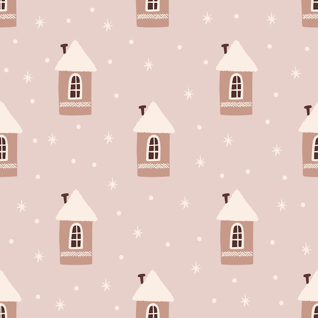 Cute winter pattern with houses childish boho background Vector illustration