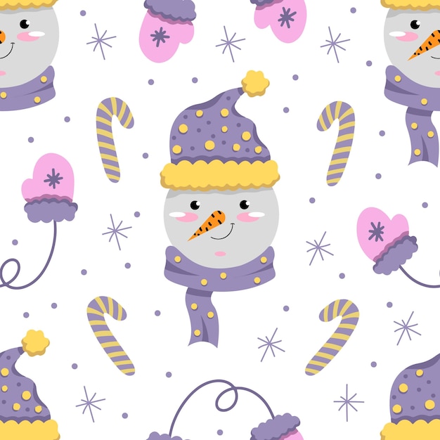 눈사람 캐릭터 눈사탕과 겨울 장갑을 사용한 귀여운 겨울 패턴 Winer 디지털 종이