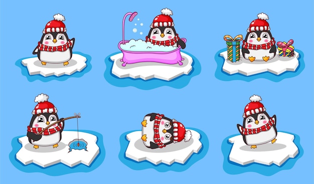 Cute winter penguin character collection with scarf