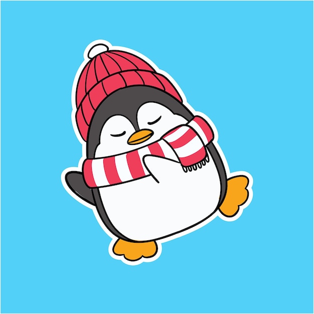 Вектор Милый зимний пингвин в шарфе и танцующей шапочке