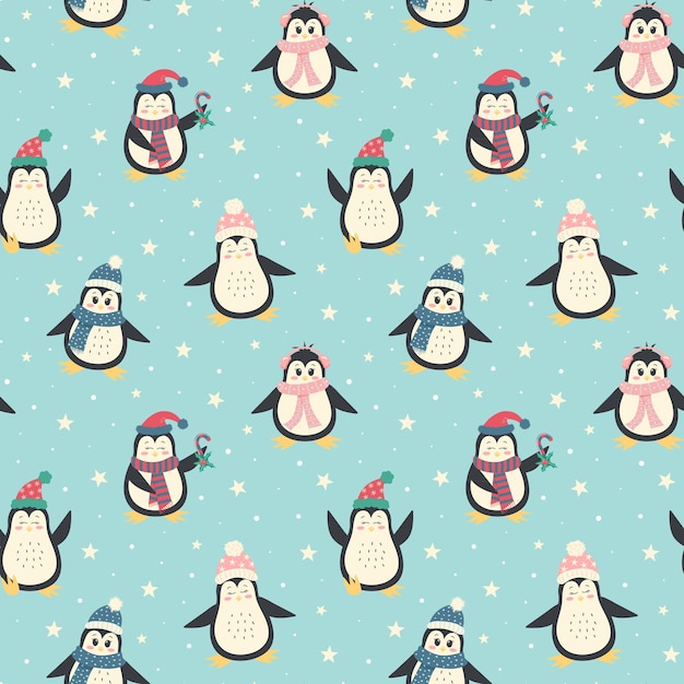 Vector cute winter penguins seamless pattern christmas characters in warm clothing