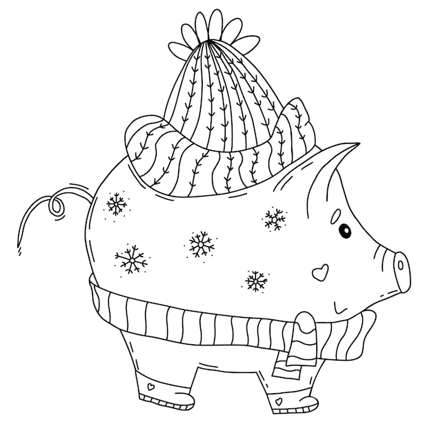 Cute winter pig in hat and scarf Linear hand doodle style Pig piggy bank Outline sketch character