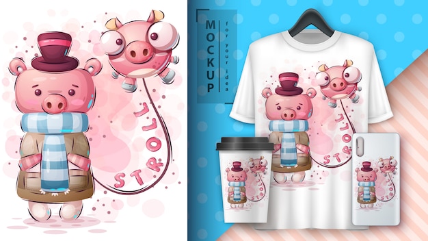 Cute winter pig - poster and merchandising