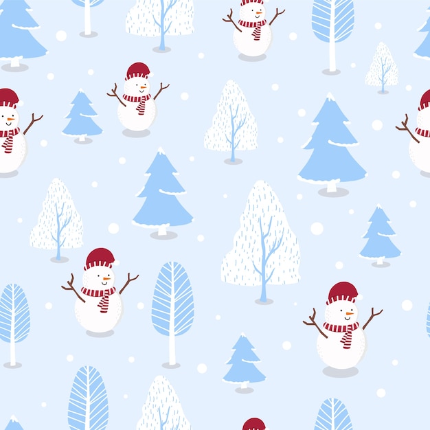 クリスマス休暇のための雪だるま、雪、木とかわいい冬のシームレスなパターン